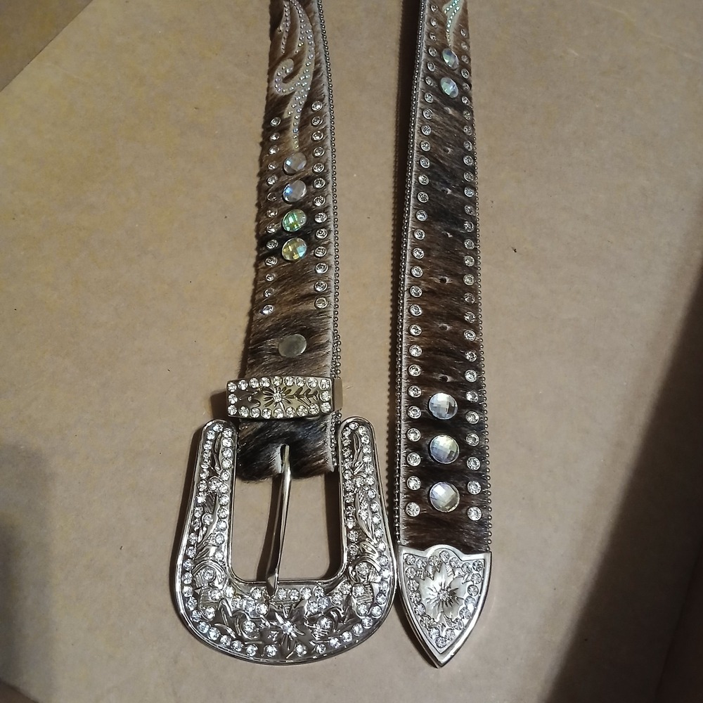 Nocona Women Hair-on Crystal Swirl Rhinestone Cowboy Belt 37" Brown Black - Picture 3 of 6